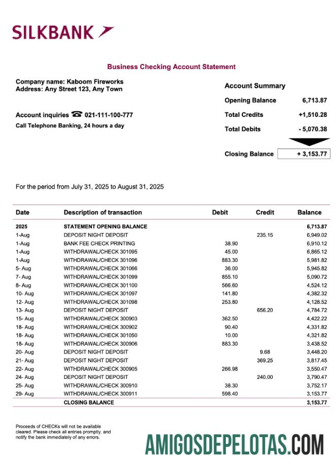 Baixável Paquistão Silkbank Firm modelo de extrato de conta Word e PDF